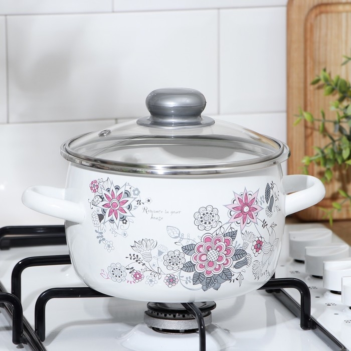 Кастрюля эмалированная «Весенний романс», 2 л, стеклянная крышка, индукция Кастрюля эмалированная «Весенний романс», 2 л, стеклянная крышка, индукция