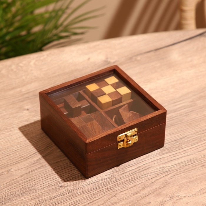 Головоломки в шкатулке (набор 4 шт) 12х13х6 см, дерево шишам Головоломки в шкатулке (набор 4 шт) 12х13х6 см, дерево шишам