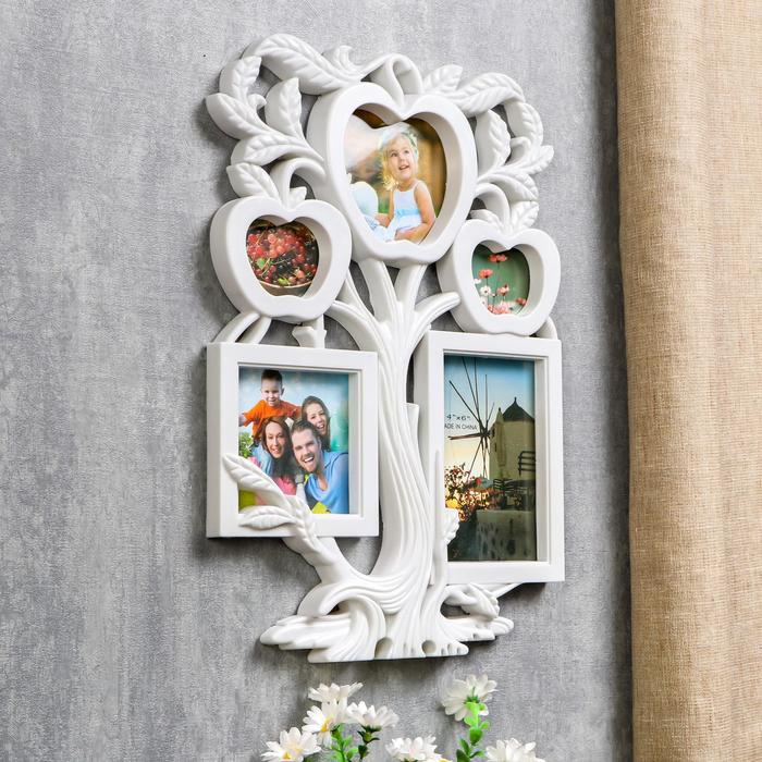 Фоторамка пластик на 5 фото 5,5х7, 9,5х11, 10х15, 10х10 см "Яблоня" белая 39,5х27,5х2 см