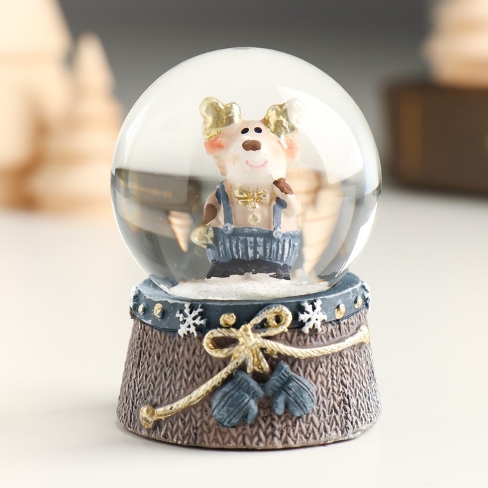 Сувенир полистоун водяной шар Сувенир полистоун водяной шар "Лосик с золотыми рожками в сине-сером" МИКС 4,5х4,5х6,2 см