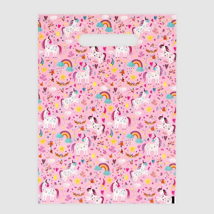 Пакет полиэтиленовый с вырубной ручкой Пакет полиэтиленовый с вырубной ручкой "Единорожки", на розовом, 30х40 см, 50 мкм,набор 5 шт