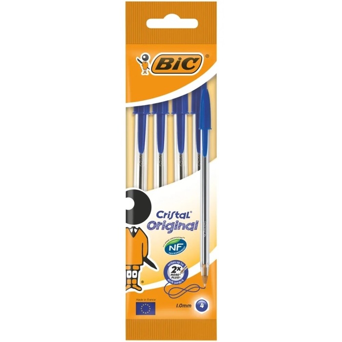 Набор ручек шариковых, 4 штуки, BIC  Набор ручек шариковых, 4 штуки, BIC "Cristal Original" узел 1.0 мм, среднее письмо, синие чернила, прозрачный корпус