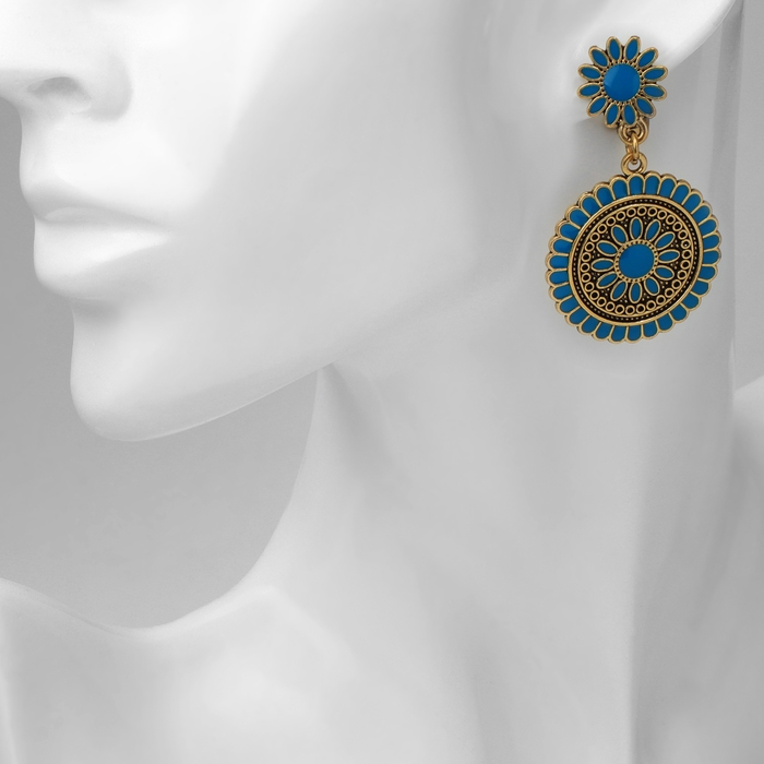 Клипсы &laquo;Этника&raquo; цветочные круги, цвет голубой в чернёном золоте