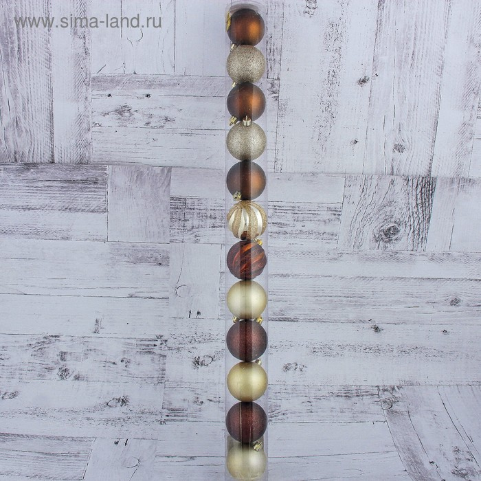 Набор шаров пластик d-6 см, 12 шт Набор шаров пластик d-6 см, 12 шт "Улыбка" коричневый и золото