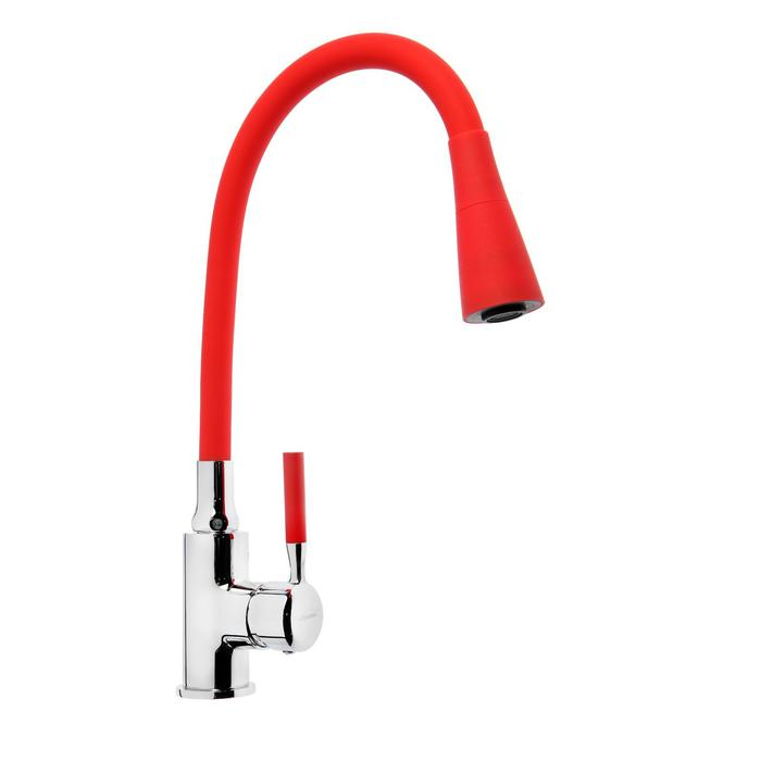 Смеситель для кухни Accoona A9890N-1, однорычажный, силиконовый излив, красный/хром Смеситель для кухни Accoona A9890N-1, однорычажный, силиконовый излив, красный/хром