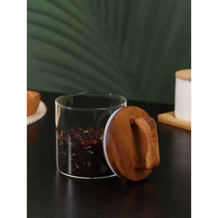 Банка стеклянная для хранения сыпучих продуктов «Вуд», 600 мл, 10×14 см, с деревянной крышкой