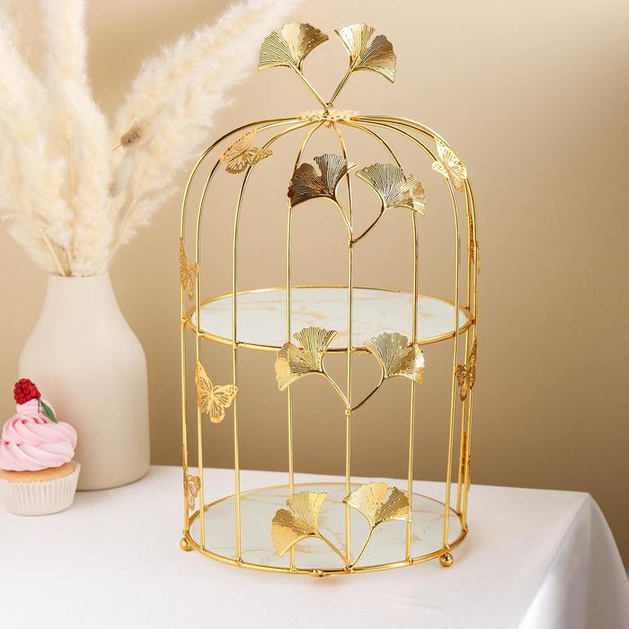 Этажёрка - фруктовница круглая, 2 яруса, «Мрамор», d=21 см, цвет металла золотой