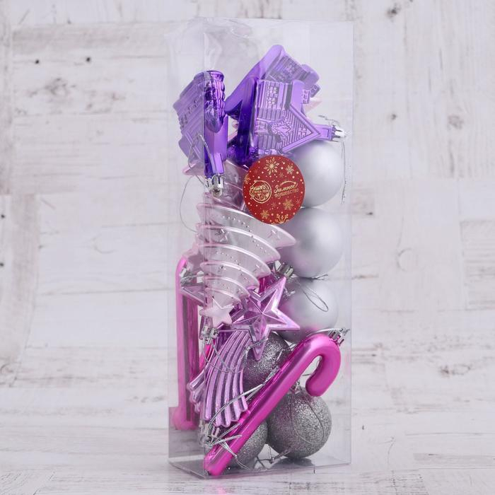 Набор украшений пластик 18 шт Набор украшений пластик 18 шт "Вечер чуда" серебро сиреневый