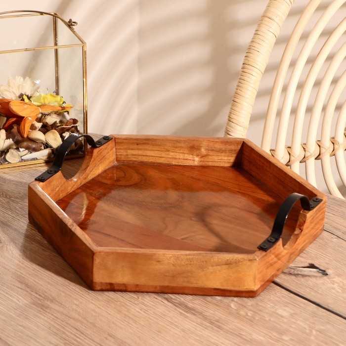 Подносы дерево Подносы дерево "Шестигранники" (набор 2 шт: 34х30 см и 28х25 см) с металлическими ручками