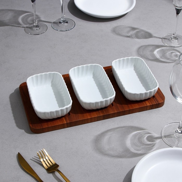 Менажница «Кармен», 3 шт: 300 мл, прямоугольная, деревянное основание, фарфор, Иран Менажница «Кармен», 3 шт: 300 мл, прямоугольная, деревянное основание, фарфор, Иран