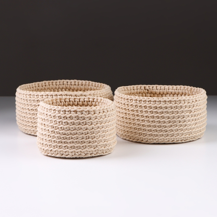 Набор вязанных корзин, 3 шт, полиэфирное волокно, бежевый Набор вязанных корзин, 3 шт, полиэфирное волокно, бежевый