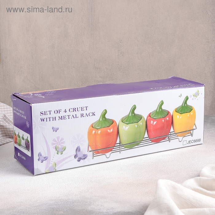 Набор банок керамических для сыпучих продуктов на металлической подставке «Перцы», 4 предмета: 400 мл