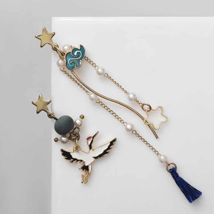 Серьги с жемчугом «Япония» аист и звёзды, цветные в золоте Серьги с жемчугом «Япония» аист и звёзды, цветные в золоте