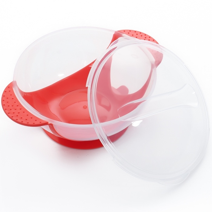 Набор для кормления: миска на присоске 340 мл., с крышкой, термоложка, цвет красно-бежевый Набор для кормления: миска на присоске 340 мл., с крышкой, термоложка, цвет красно-бежевый