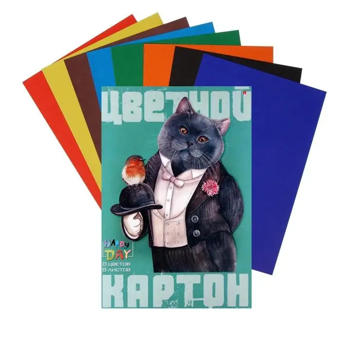 Картон цветной А4, 8 листов, 8 цветов &laquo;Мультики&raquo;, 200 г/м&sup2;, мелованный, МИКС