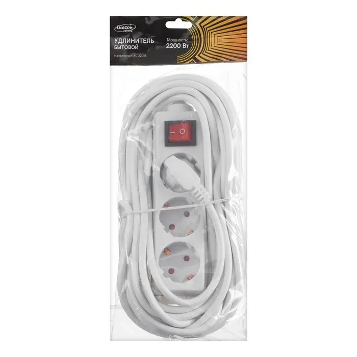 Удлинитель Luazon Lighting, 3 розетки, 10 м, 6 А, 1300 Вт, 3&times;0.75 мм2, с заземлением, с выключателем, белый