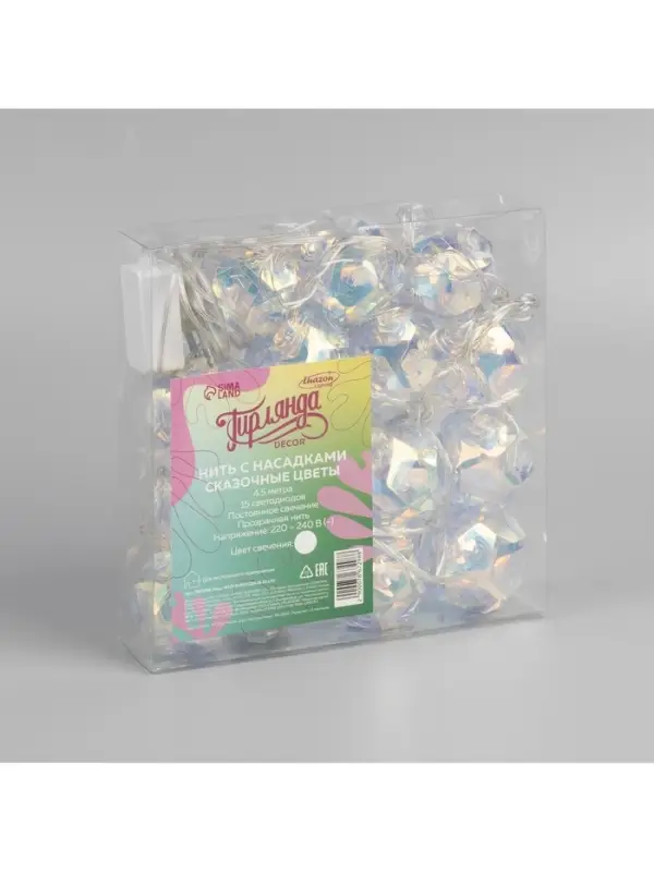Гирлянда &laquo;Нить&raquo; 4.5 м с насадками &laquo;Цветочные шары&raquo;, IP20, прозрачная нить, 15 LED, свечение белое, 220 В