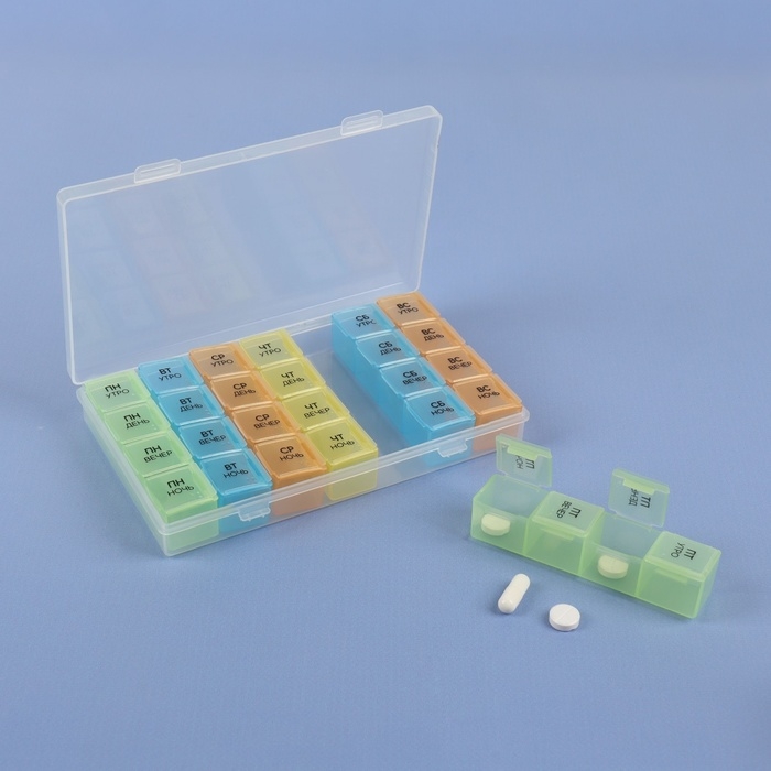 Таблетница - органайзер «Неделька», съёмные ячейки, утро/день/вечер/ночь, 17,5 × 10,7 × 2,5 см, 7 контейнеров по 4 секции, разноцветная Таблетница - органайзер «Неделька», съёмные ячейки, утро/день/вечер/ночь, 17,5 × 10,7 × 2,5 см, 7 контейнеров по 4 секции, разноцветная