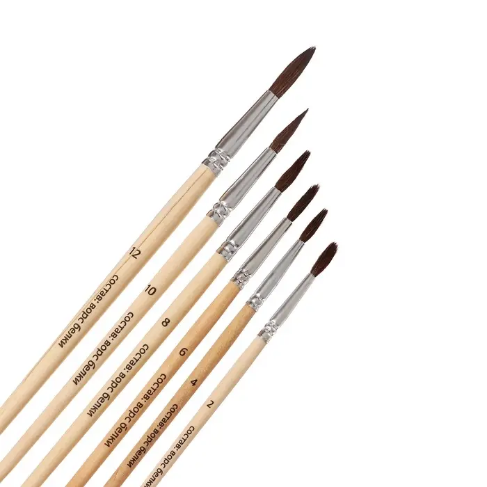 Набор кистей для рисования, белка, 6 штук: № 2, 4, 6, 8, 10, 12, Calligrata, круглые, деревянная ручка, международный размер
