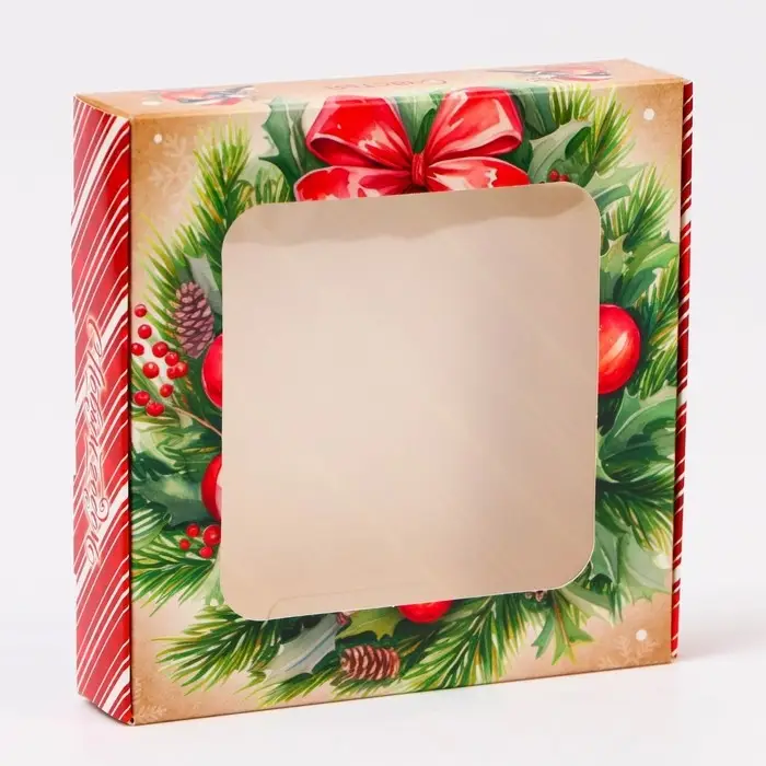 Подарочная коробка сборная с окном «Снегири», 13×13×3 см Подарочная коробка сборная с окном «Снегири», 13×13×3 см