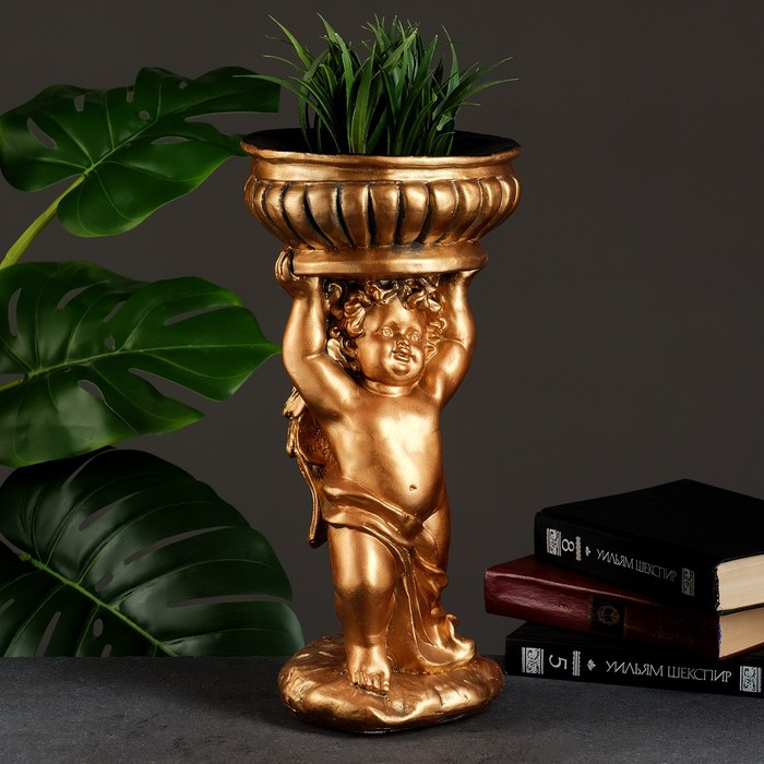 Фигурное кашпо Фигурное кашпо "Ангел с чашей на голове" бронза 0,6 л / 19х40х19см