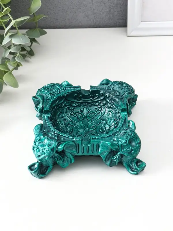 Подставка для мелочей «На четырех слонах резная» 4.5×13×13 см, темно-зеленый металлик