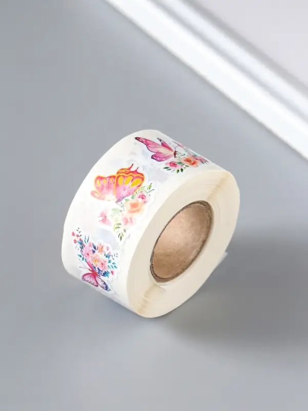 Наклейка бумага &laquo;Бабочки в цветах&raquo;, d=2.5 см, 500 шт. в рулоне, 3&times;6.5&times;6.5 см