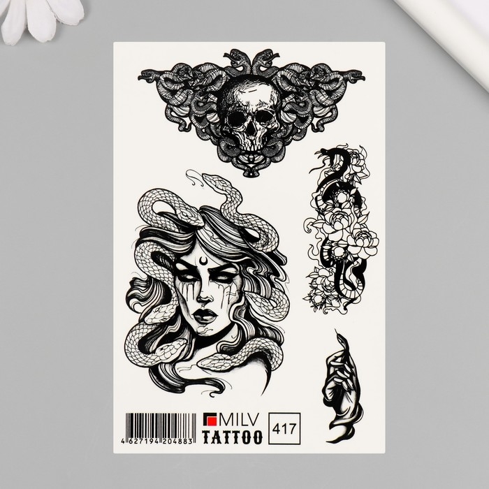 Новогодня татуировка на тело Новогодня татуировка на тело "Череп, Горгона, змеи" 10х15 см