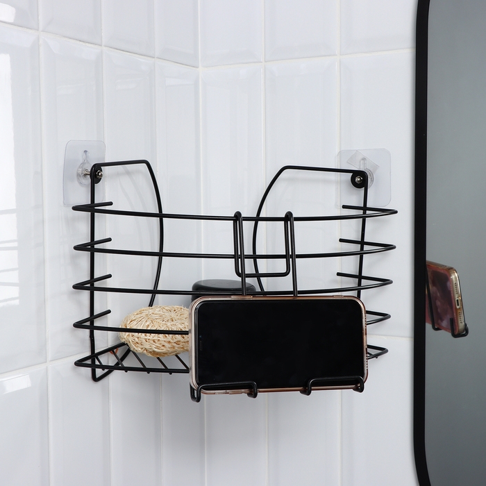 Полка угловая с держателем для телефона, 22,5×22,5×20,5 см, цвет черный Полка угловая с держателем для телефона, 22,5×22,5×20,5 см, цвет черный