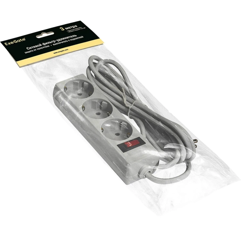 Сетевой фильтр ExeGate SP-3-3G 3р/3м, 10А/2,2кВт,серый(EX221180RUS)