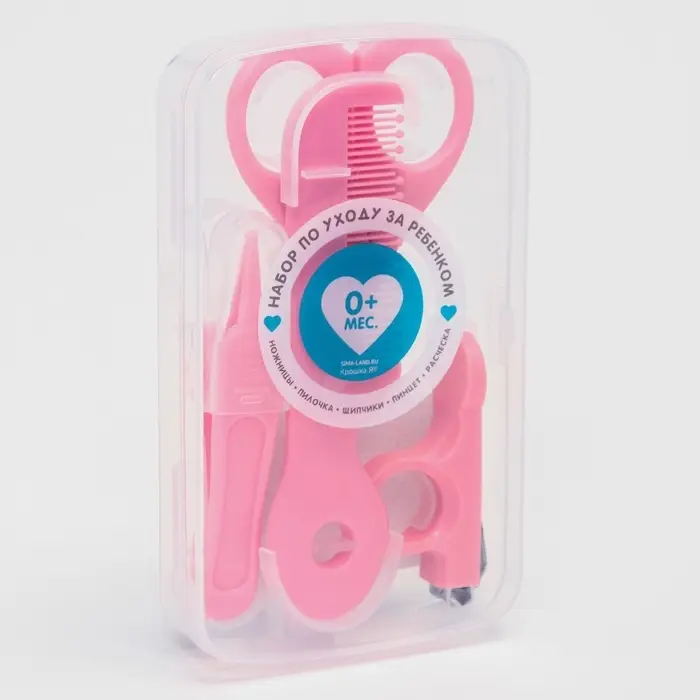 Набор по уходу за ребенком, 5 предметов: расческа, пинцет, ножницы, книпсер, пилка, розовый