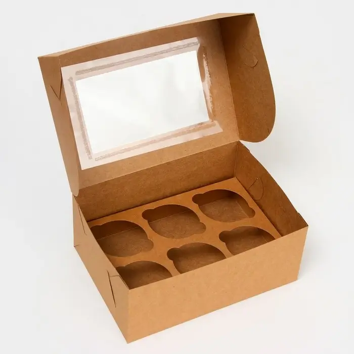 Коробка для 6 мини - капкейков крафт с окном, 18.6×13.1×8 см Коробка для 6 мини - капкейков крафт с окном, 18.6×13.1×8 см