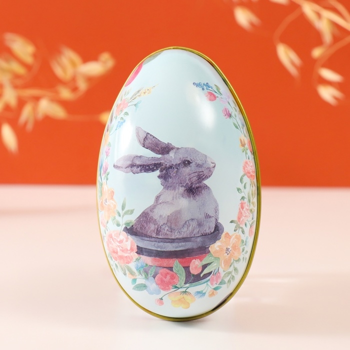 Шкатулка металл яйцо  Шкатулка металл яйцо "Пасхальный зайка в горшке" 7х6,5х11 см