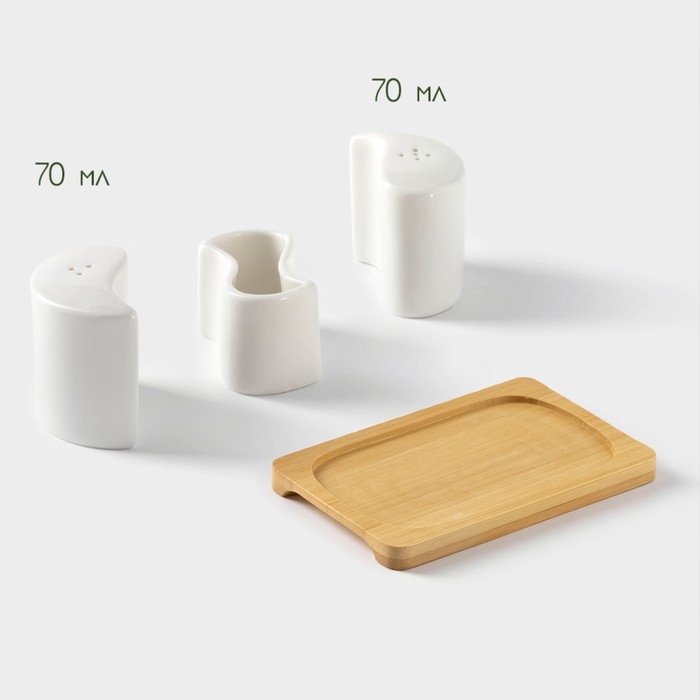 Набор керамический для специй на деревянной подставке BellaTenero, 3 предмета: солонка 70 мл, перечница 70 мл, салфетница, цвет белый Набор керамический для специй на деревянной подставке BellaTenero, 3 предмета: солонка 70 мл, перечница 70 мл, салфетница, цвет белый