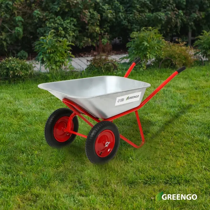 Тачка строительная, 2 пневмоколеса, груз/п 320 кг, объём 110 л, оцинкованный кузов 0,8 мм, Greengo Тачка строительная, 2 пневмоколеса, груз/п 320 кг, объём 110 л, оцинкованный кузов 0,8 мм, Greengo