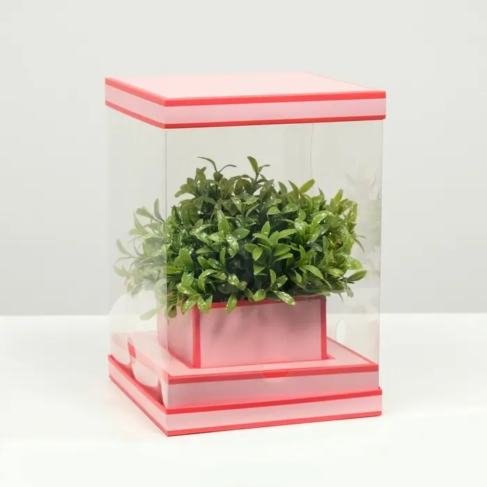 Коробка для цветов с вазой и PVC окнами складная, насыщенно - розовый, 16&times;23&times;16 см