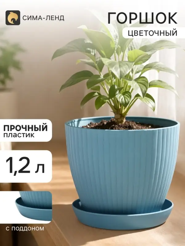 Горшок цветочный Ribbed, 15&times;15&times;13 см, 1.2 л, пластиковый, с поддоном, серо-голубой