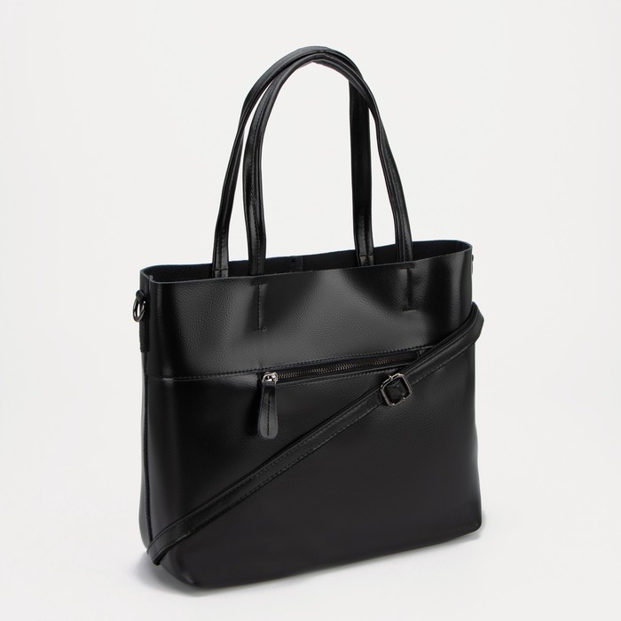 Сумка-тоут на молнии, 3 наружных кармана, длинный ремень, цвет чёрный