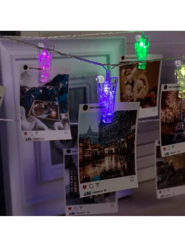 Гирлянда &laquo;Нить&raquo; 4.5 м с насадками &laquo;Прищепки&raquo;, IP20, прозрачная нить, 20 LED, свечение RG/RB, мигание, 220 В