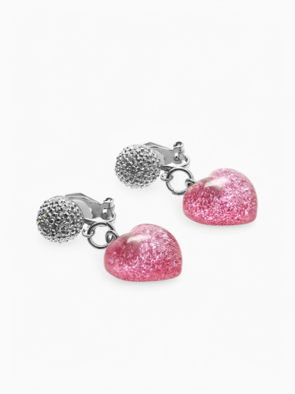 Серьги-клипсы детские  Серьги-клипсы детские "Выбражулька" сердце блестки с кругом кристалл, цвет розово-белый