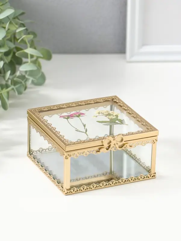 Шкатулка стекло с металлическим каркасом "Сухоцветы" квадрат 10х10,5х5,2 см