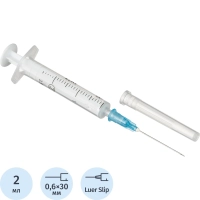 Шприц 2-комп. однораз. 2мл LS 23G(0,6x30) прил. 100шт/уп KD-Ject