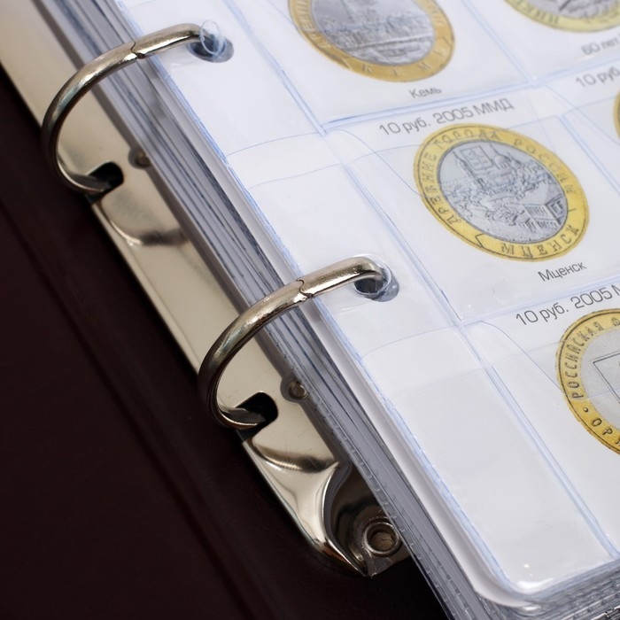 Альбом для монет на кольцах 225 х 265 мм,  Альбом для монет на кольцах 225 х 265 мм, "Памятные монеты РФ", обложка ПВХ, 13 листов и 13 цветных картонных вставок, коричневый