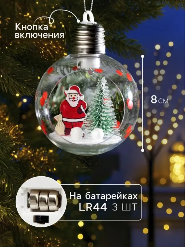 Ёлочный шар &laquo;Дед Мороз&raquo;, d=8 см, 1 LED, от батареек, свечение тёплое белое
