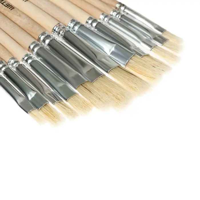 Набор кистей для рисования, щетина, 12 штук: № 1, 2, 3, 4, 5, 6, 7, 8, 9, 10, 11, 12, плоские, деревянная ручка, международный размер
