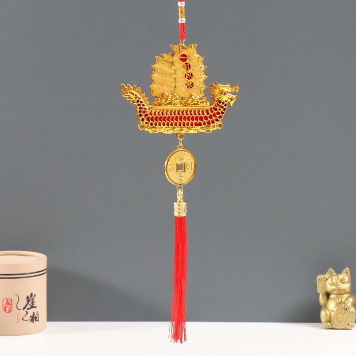 Подвеска пластик, текстиль Подвеска пластик, текстиль "Лодка Дракон с китайской монетой" 1,8х13х39 см