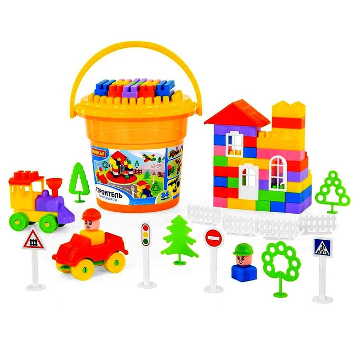 Конструктор «Строитель» 84 эл в ведре с крышкой Конструктор «Строитель» 84 эл в ведре с крышкой