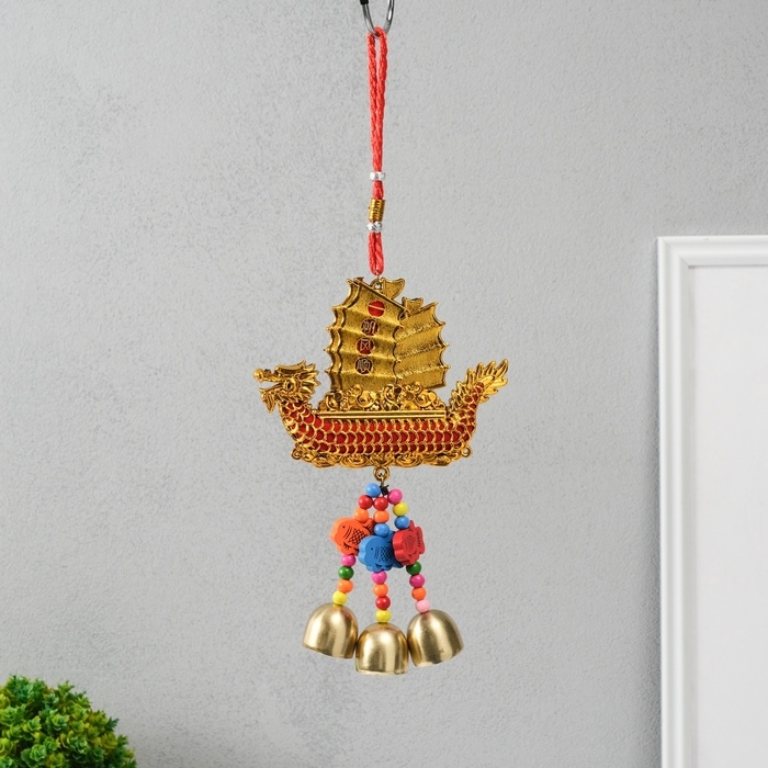 Колокольчик металл  Колокольчик металл "Корабль золотой дракон - богатство" 3 колокольчика 13х31,5 см