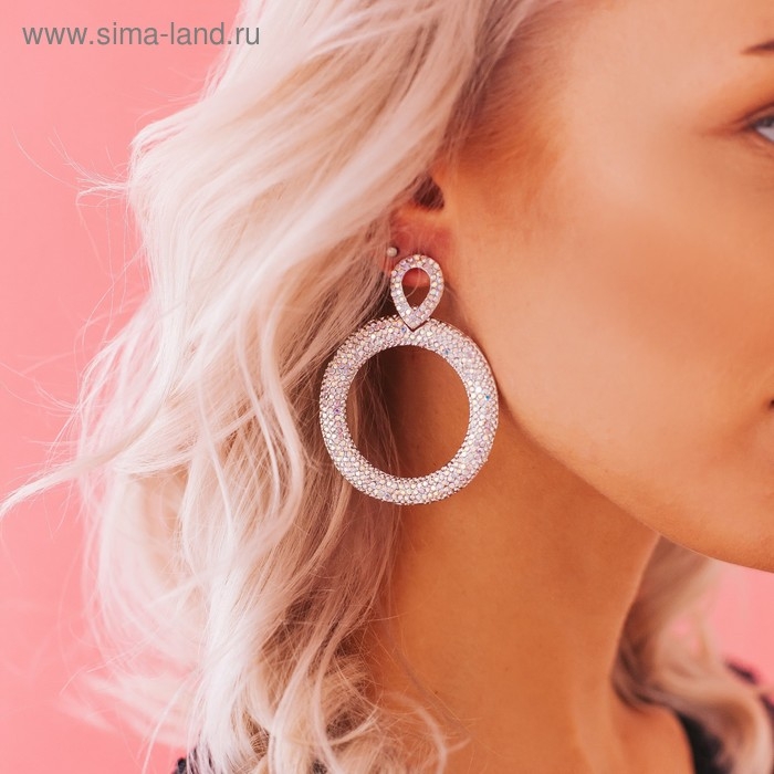 Серьги висячие со стразами «Эдем» кольцо, радужный в серебре, 6,5 см Серьги висячие со стразами «Эдем» кольцо, радужный в серебре, 6,5 см