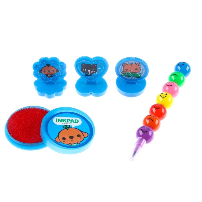 Набор для рисования: печать 3 шт., штемпельная подушка, карандаш 7 цветов, цвет голубой Набор для рисования: печать 3 шт., штемпельная подушка, карандаш 7 цветов, цвет голубой